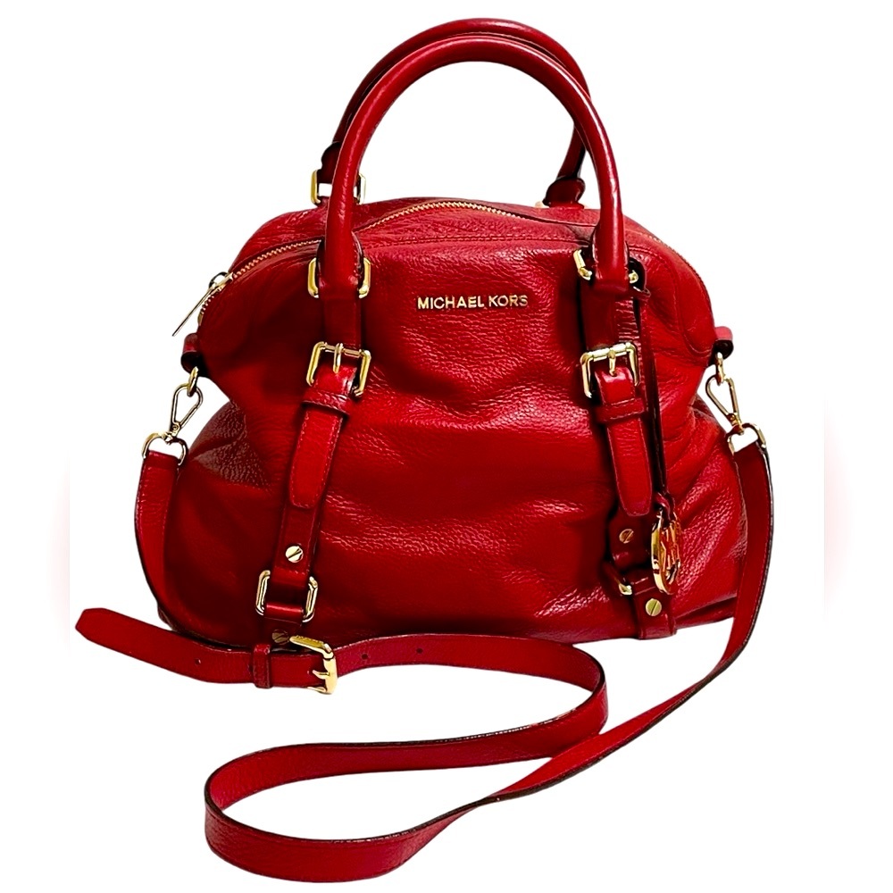 MICHAEL KORS Red Light Pebbled Leather Gold Tone Hardware Satchel Shoulder Bag